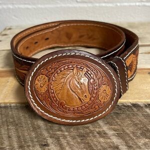 MW Leather Handtooled horse belt buckle with matching belt 34